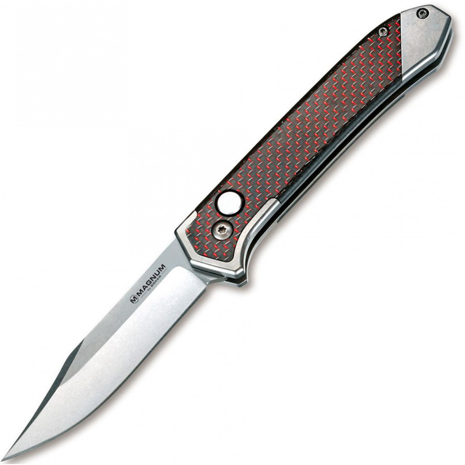 Полуавтоматический складной нож Magnum Rubico Auto - Boker 01SC054, сталь 440A Stonewash, рукоять карбон/нержавеющая сталь, чёрно-красный поводок амортизирующий 1 2 1 6 м х 1 5 см чёрно красный