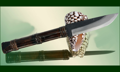 Фото Нож туристический Takeshi Saji TS-80 Yuga, сталь Shirogami Damascus, рукоять и ножны черный бамбук