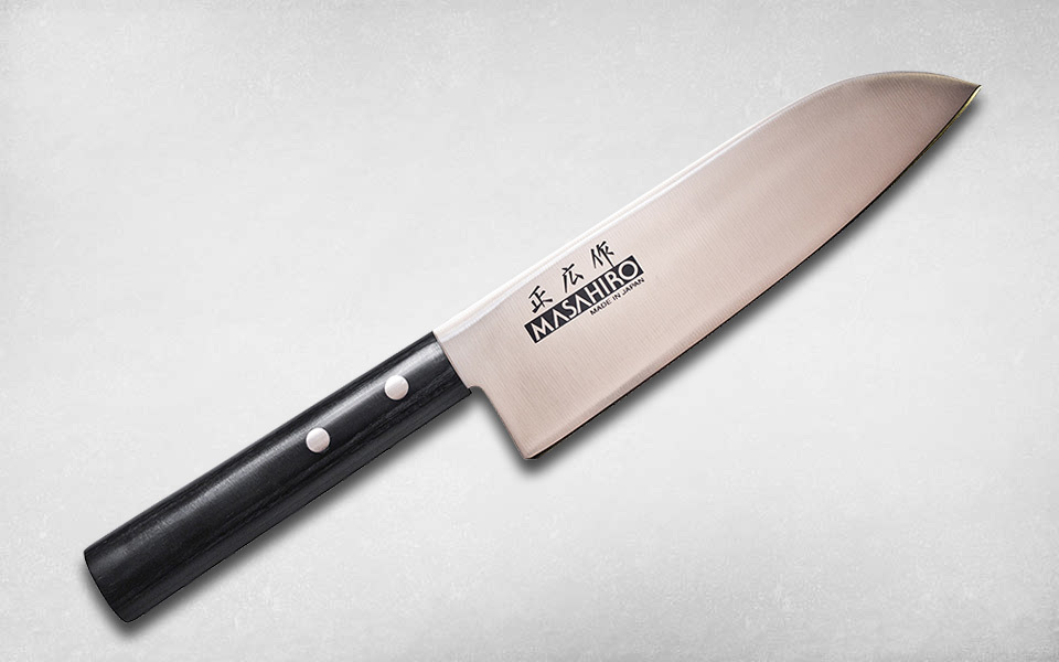 Нож кухонный Японский Шеф Sankei 165 мм, Masahiro, 35841, сталь AUS-8, стабилизированная древесина, чёрный нож кухонный сантоку tora 165 мм kasumi 36841 сталь aus 6a стабилизированная древесина чёрный
