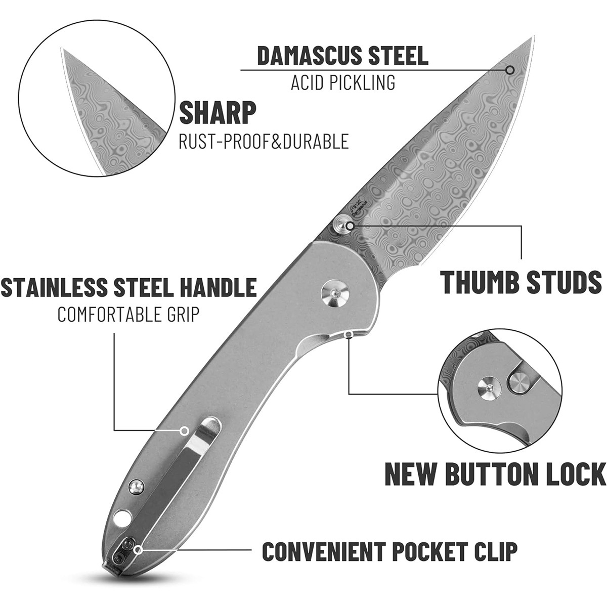Складной нож CJRB Feldspar, сталь Damascus, рукоять сталь - фото 4