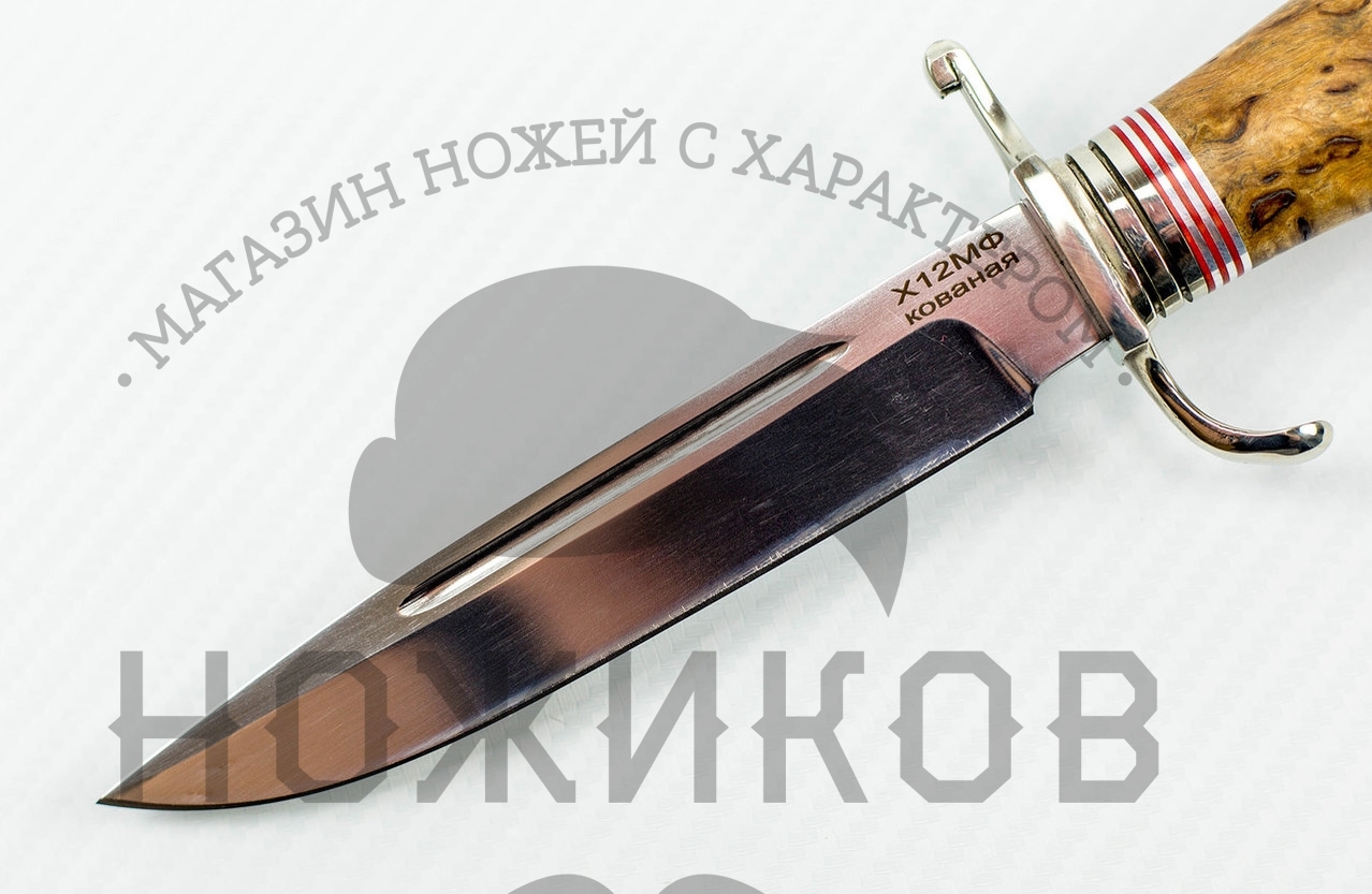 Нож Финка НКВД Х12МФ мельхиор, карельская берёза - фото 3