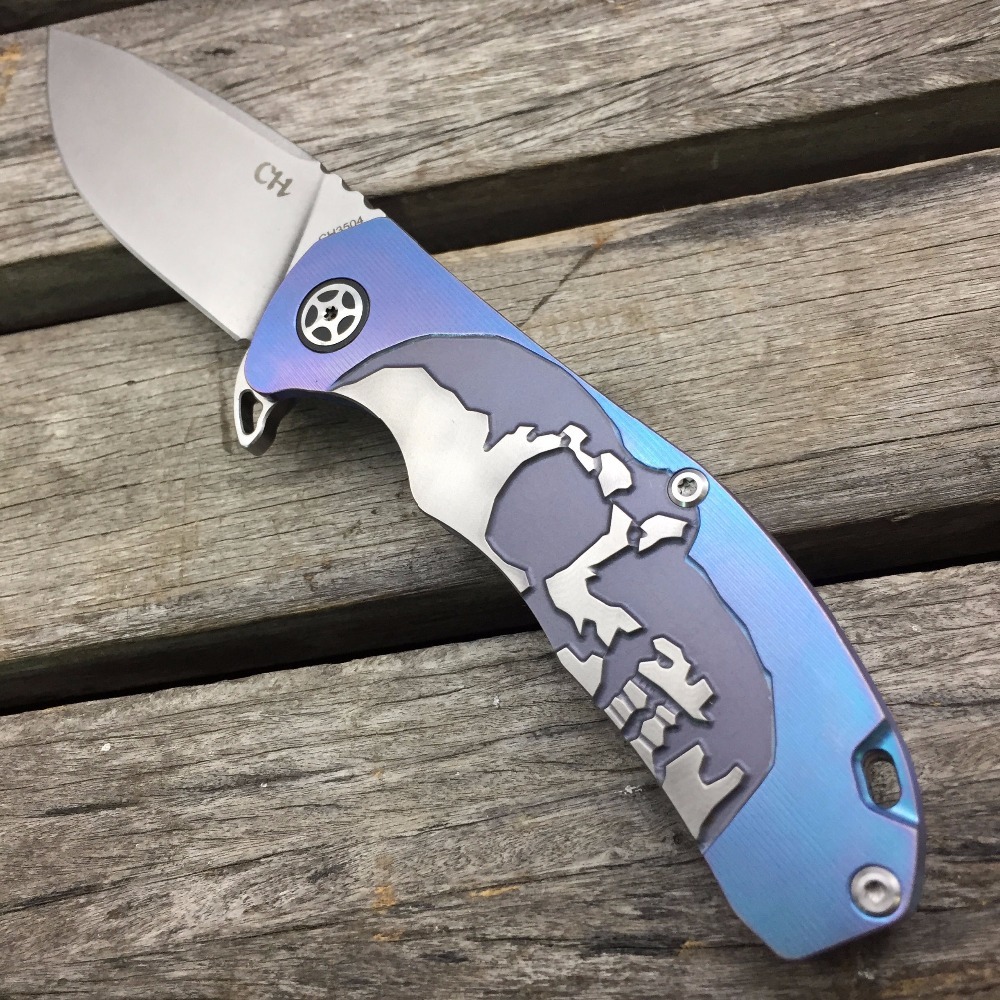 Складной нож CH3504 , сталь S35VN, Синий Череп