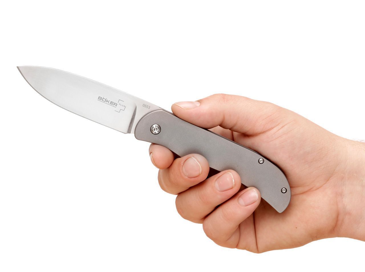 фото Складной нож exskelibur 1 titanium, boker plus 01bo133, сталь cpm-s35vn satin plain, рукоять титан, серый