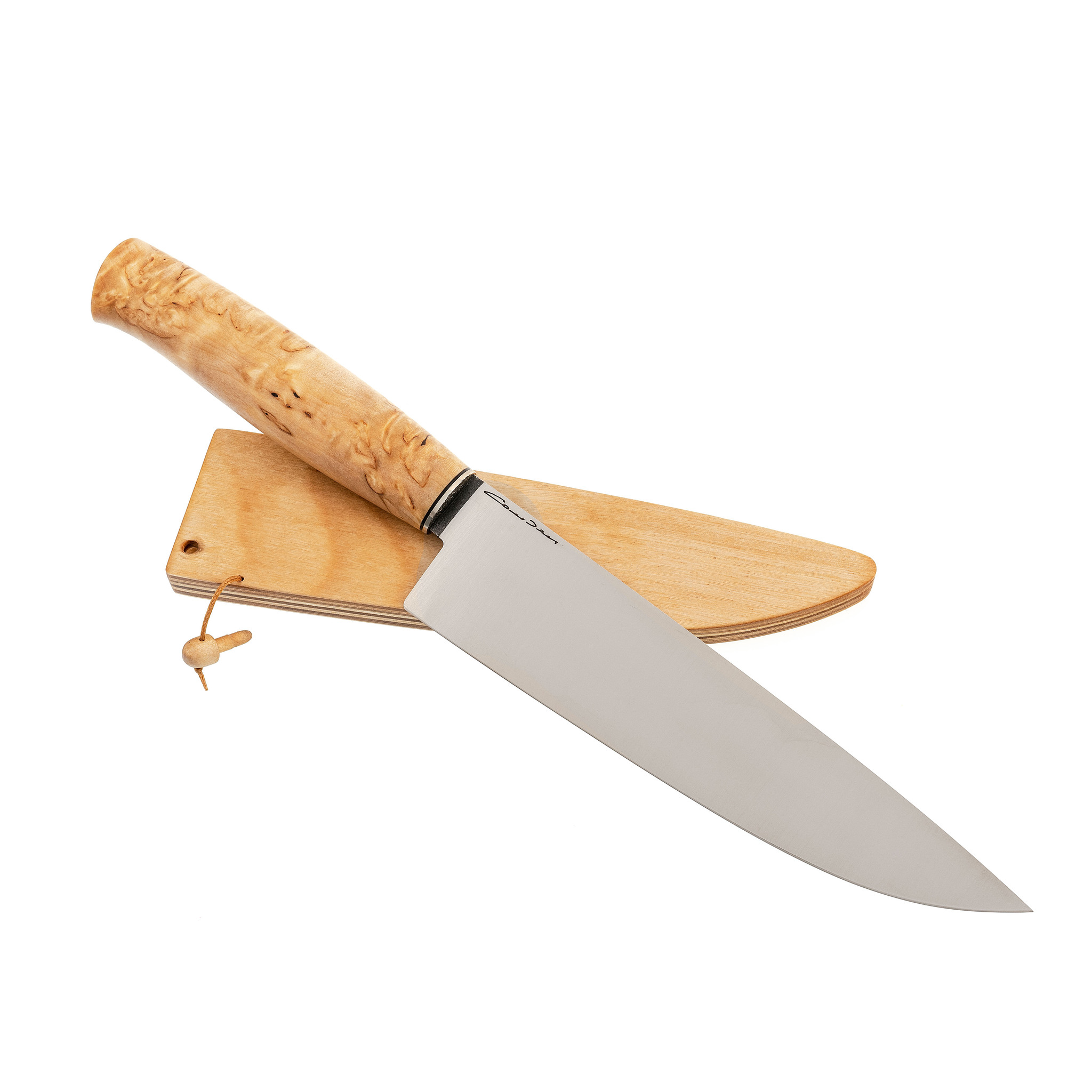 фото Нож кухонный №21, сталь n690, карельская береза, ножны березовый ламинат sander