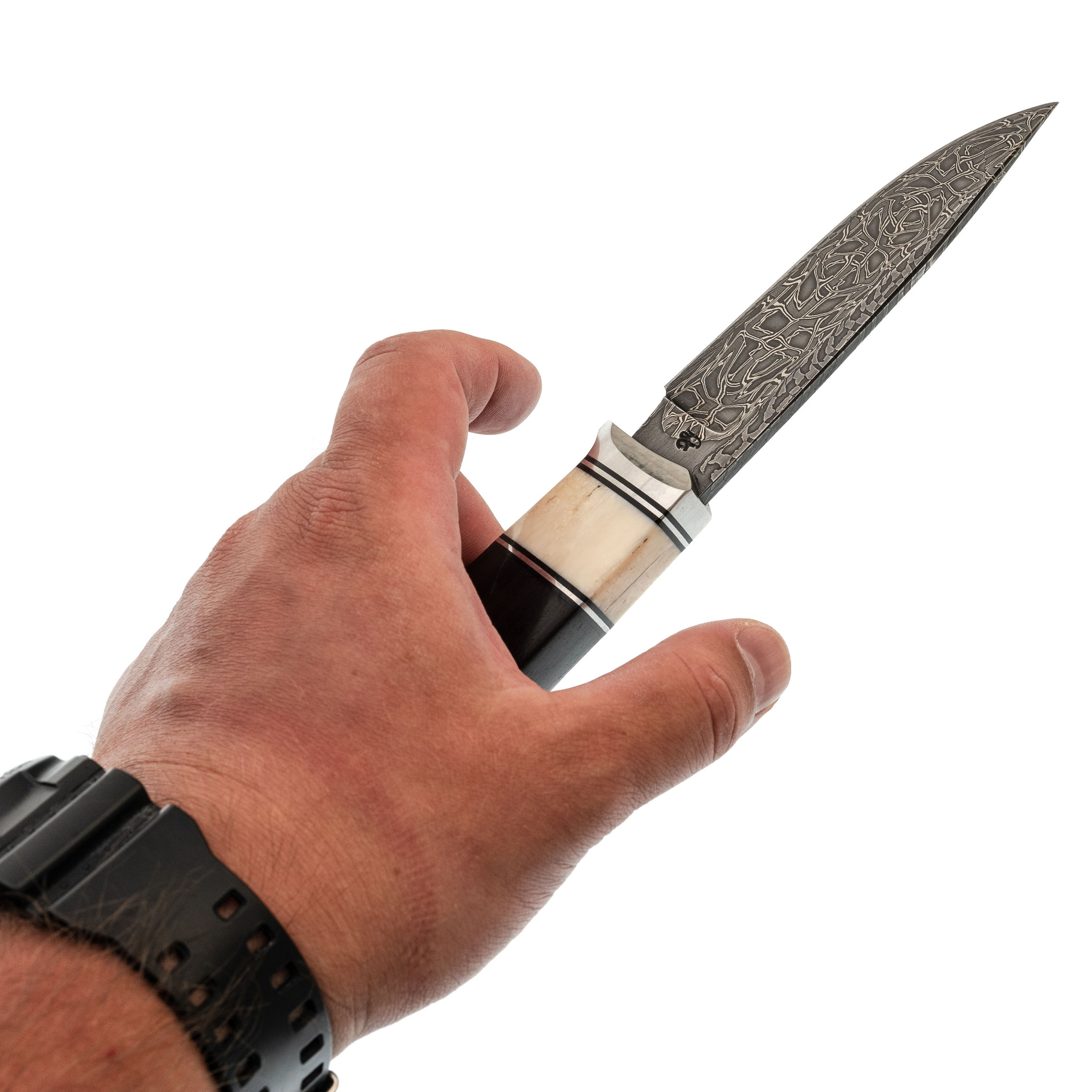 Авторский нож Вьюга 1, сталь мозаичный дамаск, рукоять граб, вставка стабилизированный зуб мамонта - фото 6