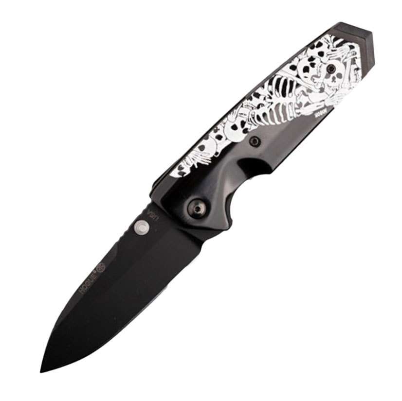 Нож складной Hogue EX-02 Skulls & Bones, сталь 154CM, рукоять ABS-пластик, чёрный нож с фиксированным клинком hogue ex f02 tanto сталь a2 tool steel рукоять термопластик grn чёрный