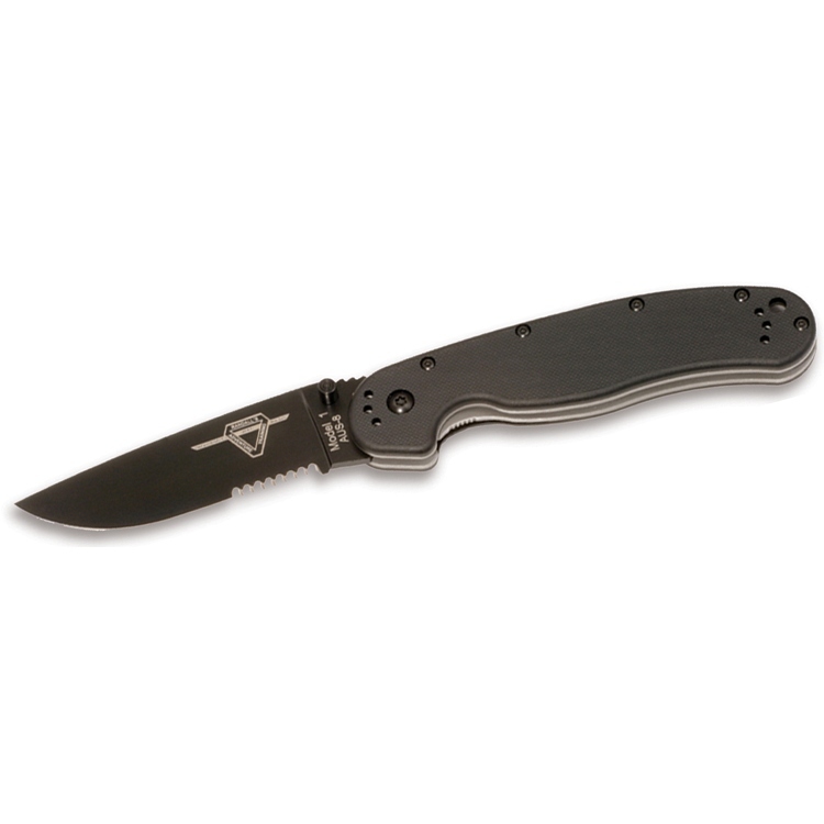 Складной нож Ontario RAT с черной рукоятью, серрейторный черный клинок