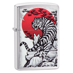 Фото Зажигалка ZIPPO Asian Tiger с покрытием Brushed Chrome, латунь/сталь, серебристая, 36x12x56 мм