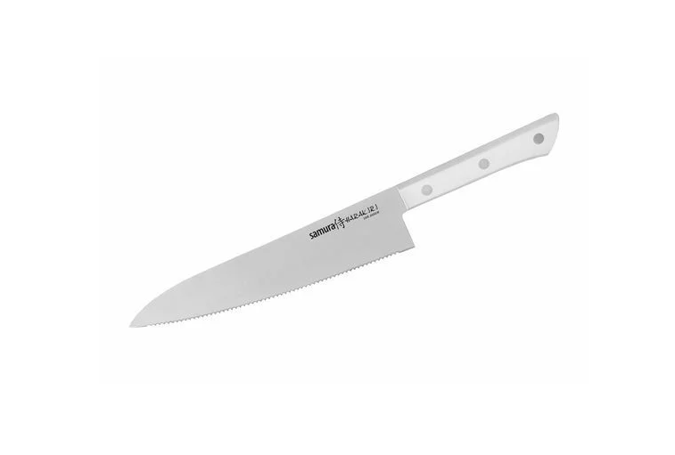 Нож кухонный Шеф Samura HARAKIRI 208 мм, сталь AUS-8 с серрейтором , рукоять ABS, белая рукоять нож кухонный samura harakiri гранд шеф 240 мм коррозие стойкая сталь abs пластик