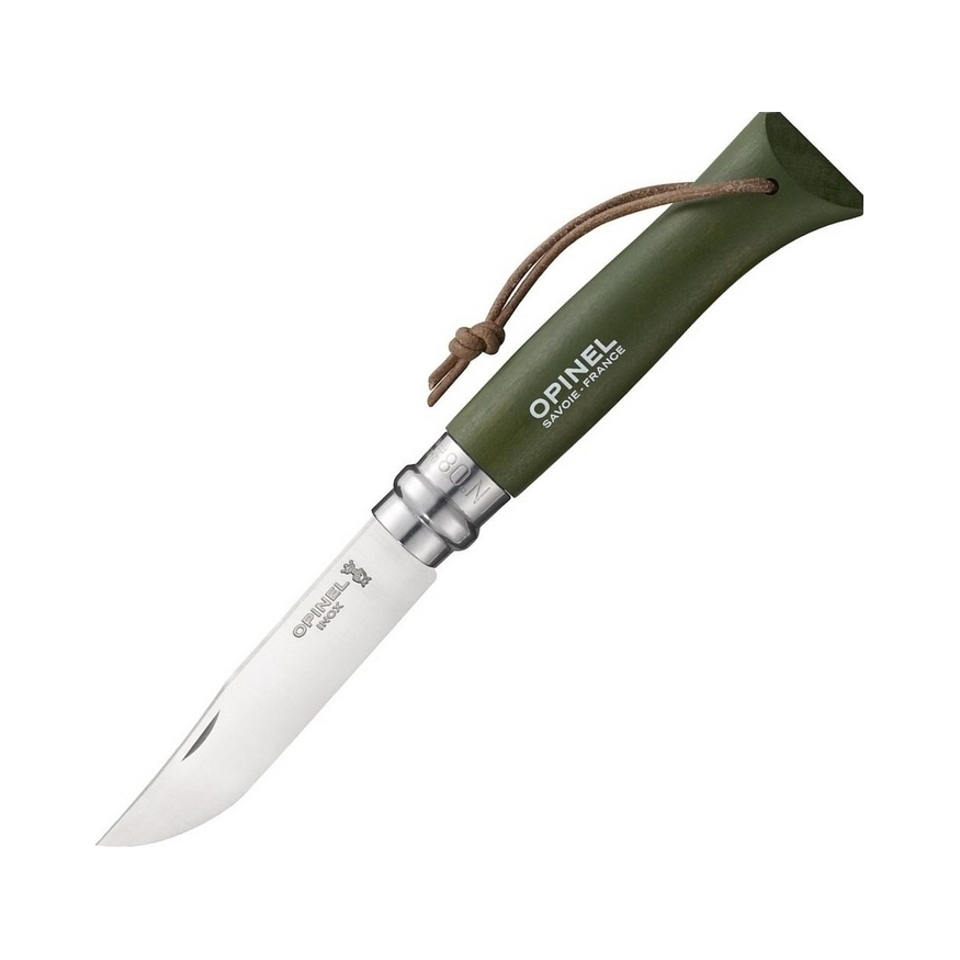 Нож Opinel №8 Trekking, нержавеющая сталь, кожаный темляк, хаки от Ножиков