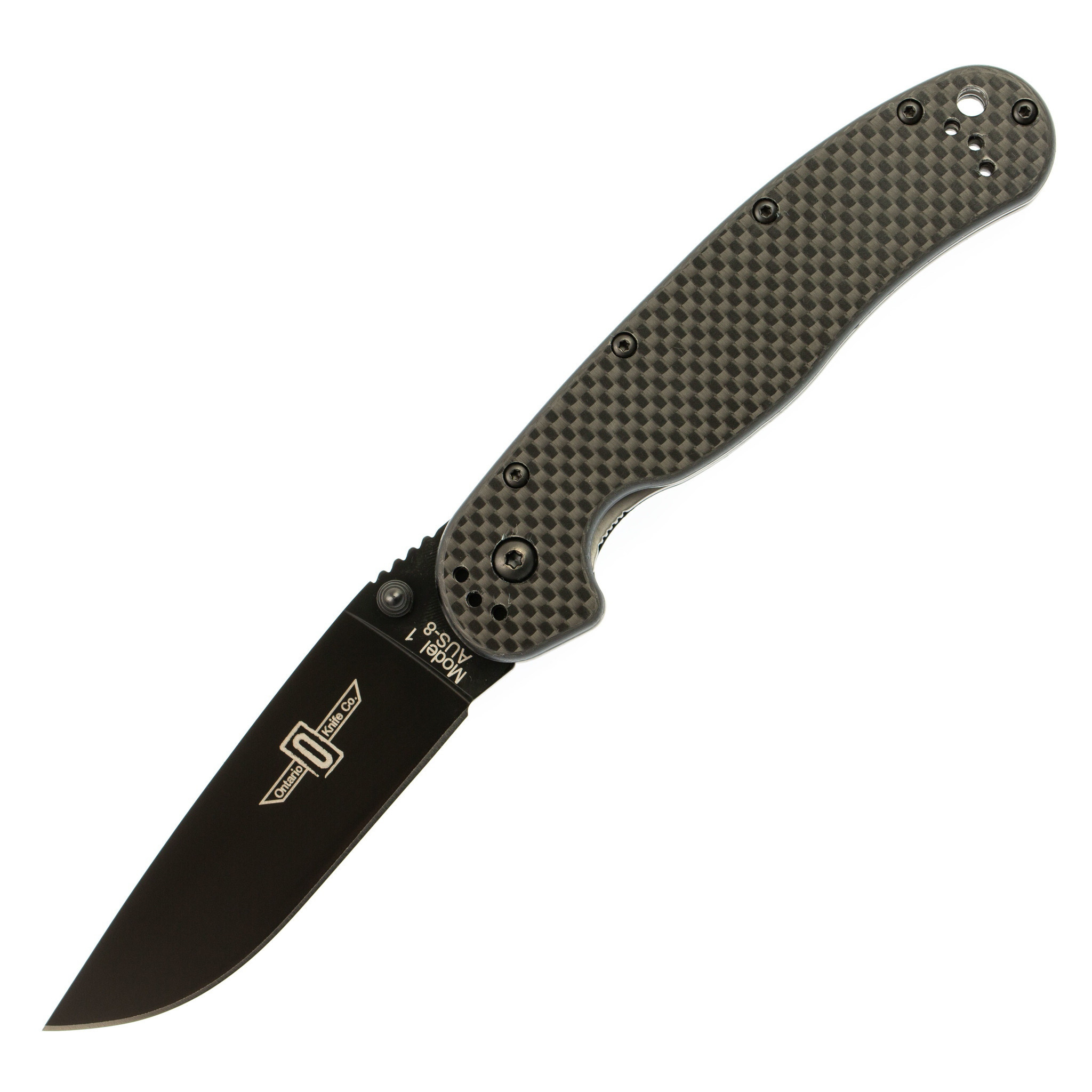 Нож складной Ontario RAT-1, сталь Aus-8. Клинок - Black, Рукоять - Carbon fiber
