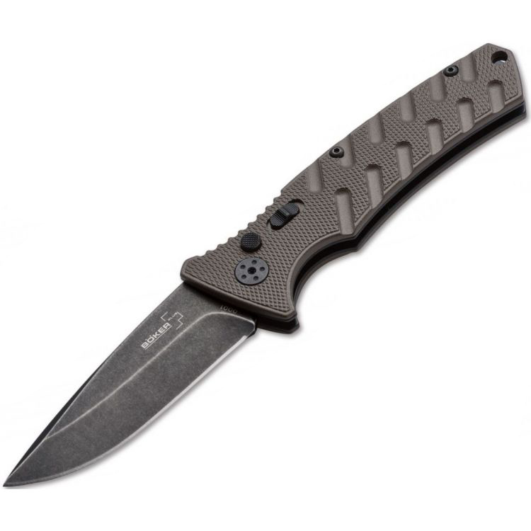 Полуавтоматический складной нож Boker Plus Strike Coyote Spearpoint, сталь AUS-8 BlackWash™ Plain, рукоять анодированный алюминий, BK01BO424