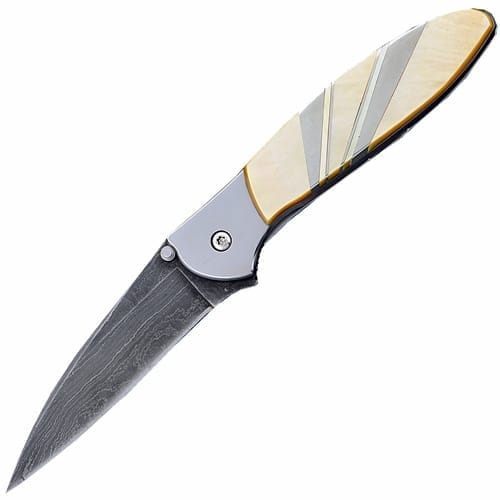 Полуавтоматический складной нож Santa Fe Kershaw Leek, дамасская сталь, рукоять сталь с накладкой из перламутра