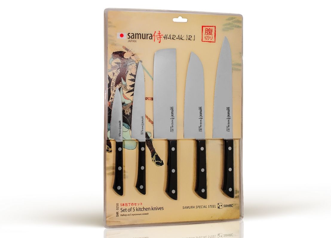 Набор из 5-ти кухонных ножей (овощной, универсальный, накири, шеф, сантону), Samura 