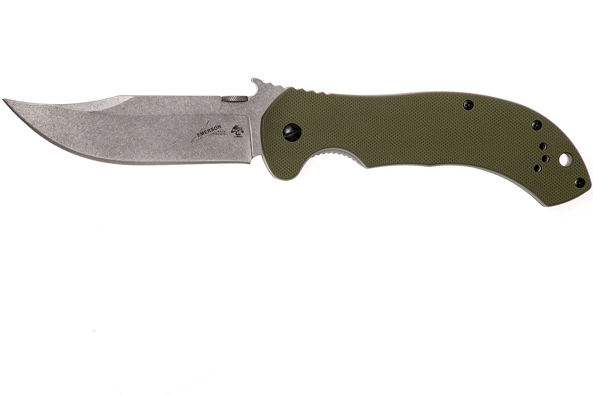 Складной нож Emerson Design CQC-10K KERSHAW 6030, сталь лезвия 8Cr14MoV Stonewashed Bowie Blade, рукоять G-10/410 сталь, зелёный - фото 6