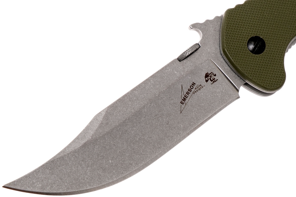 Складной нож Emerson Design CQC-10K KERSHAW 6030, сталь лезвия 8Cr14MoV Stonewashed Bowie Blade, рукоять G-10/410 сталь, зелёный - фото 8