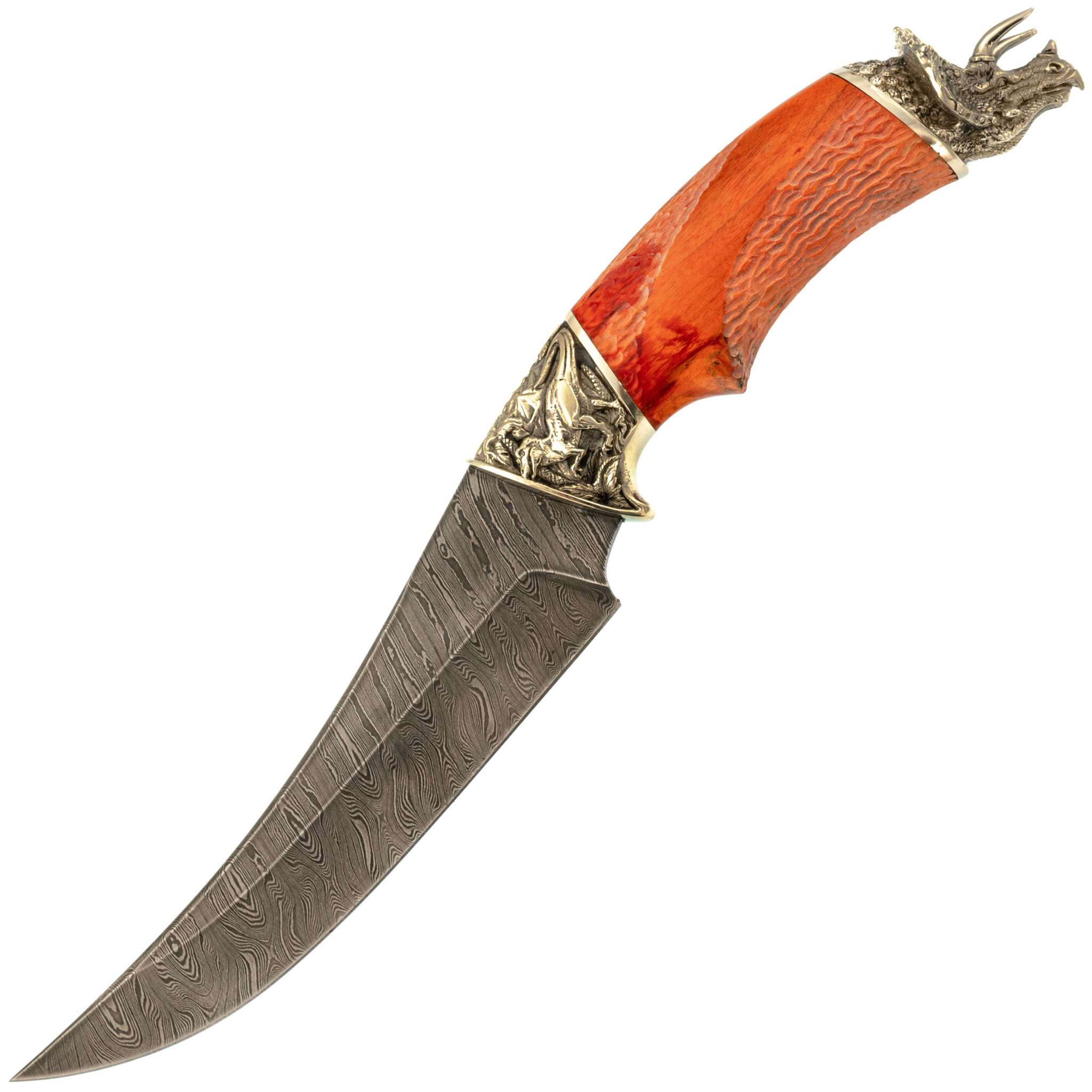 Нож Трицератопс с резной рукоятью, дамасская сталь - фото 1