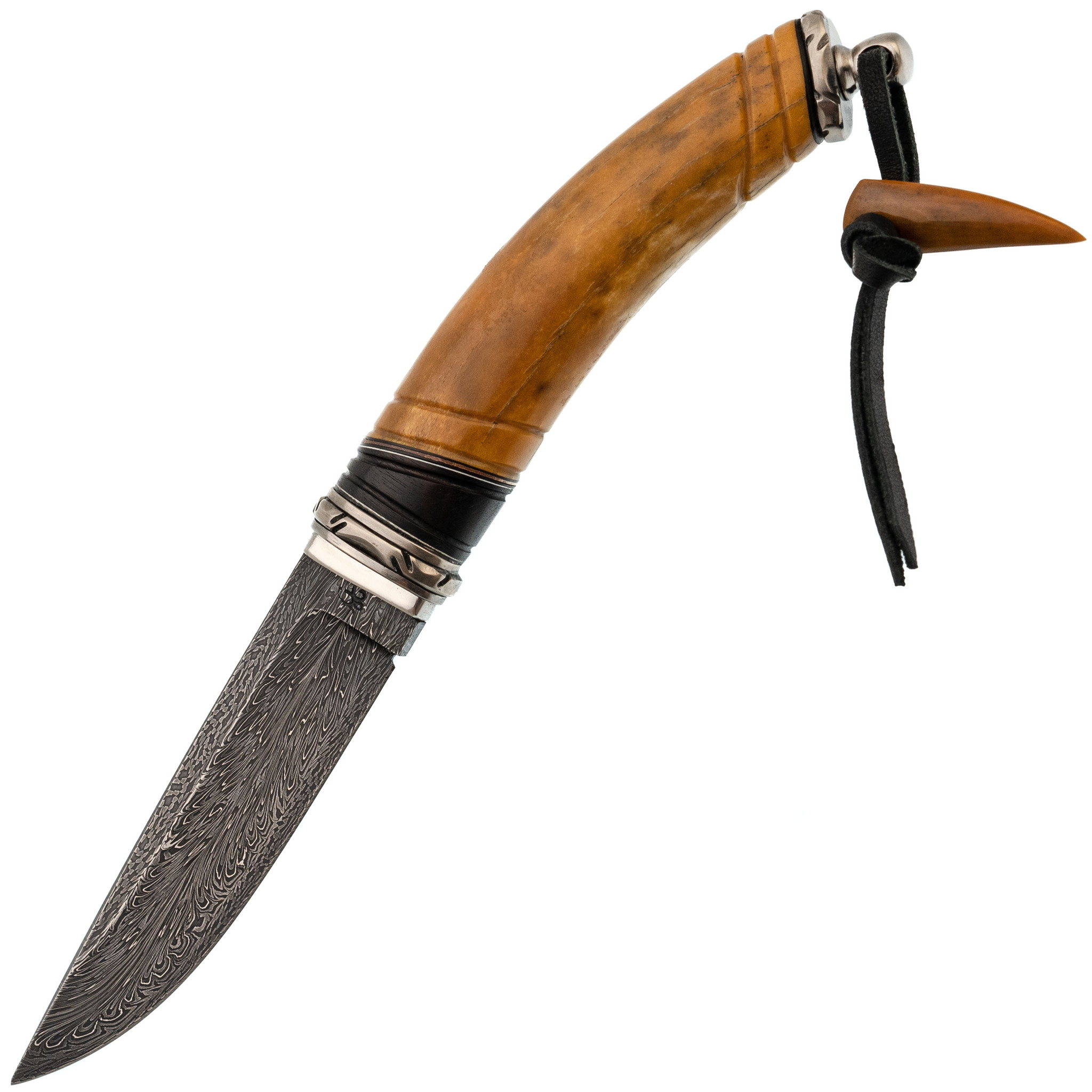 Авторский нож Ф2, сталь мозаичный дамаск, рукоять стабилизированный рог, подарочная шкатулка