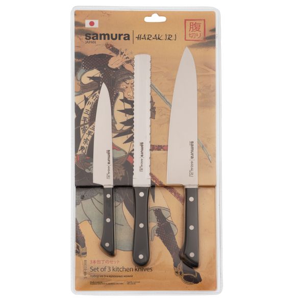 Цена наПодарочный набор из 3-х кухонных ножей Samura Harakiri (универсальный, для замороженных продуктов, шеф), сталь Aus 8, рукоять ABS-пластик