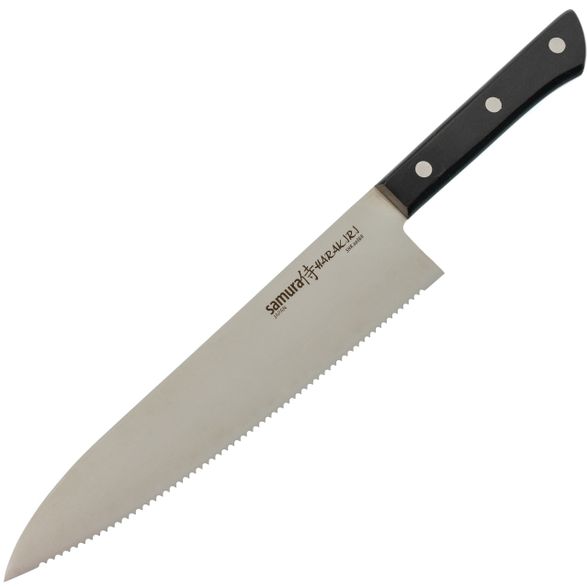 Цена наНож кухонный Шеф Samura HARAKIRI 208 мм, сталь AUS-8 с серрейтором , рукоять ABS, черная рукоять