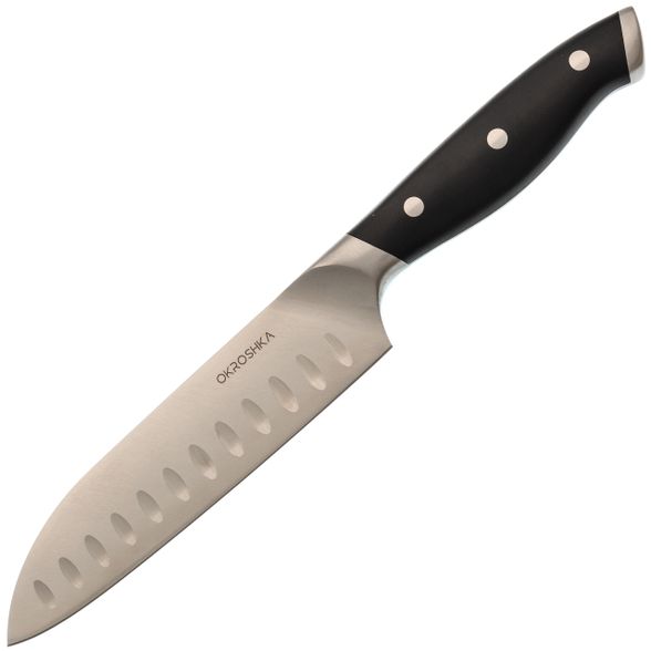 Цена наНож кухонный Сантоку Okroshka Tartar 15.5 см, сталь 5cr15mov, рукоять сталь/пластик, черный